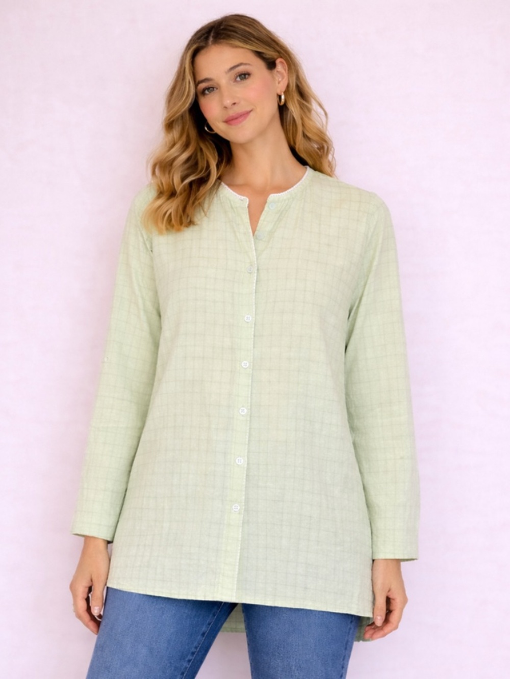 Eileen Fisher Pastel Light Green Cotton Blend Long Sleeve Button-Up Shirt S
